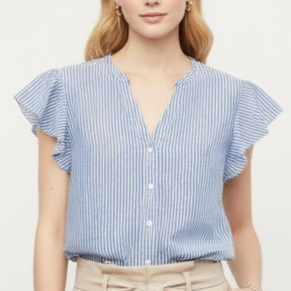 Grand & Greene, Blue and White Stripe Flutter Sleeve Button Down Shirt